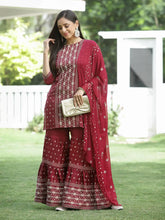 Maroon Mono Viscose Festive Wear Printed Straight Kurta Sharara Dupatta Set